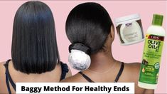 Baggy Method Hair Growth, Baggy Method Natural Hair, Dry Hair Ends, Relaxed Hair Journey, How To Get Healthy, Healthy Relaxed Hair, Olive Hair, Relaxed Hair Care, Black Hair Growth