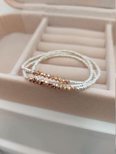 "Rose Gold Bracelet, Soft gold bracelet,stacking bracelets, stretch beaded bracelets. More items in soft/pale gold: https://www.etsy.com/shop/StephanieMartinCo?ref=seller-platform-mcnav&search_query=soft+gold ❤ SIZES This item comes in several sizes. Kindly choose at checkout. The standard size for an average woman is 7\". For a child, a 6\" would be appropriate. I recommend you measure your wrist to determine the best fit. ❤ PROCESSING AND SHIPPING Most orders are made and shipped out in on Elegant Wrap Bracelet With Spacer Beads For Gift, Dainty Rose Gold Stackable Beaded Bracelets, Dainty Rose Gold Stretch Bracelet Gift, Elegant Wrap Bracelet With Tiny Beads As A Gift, Elegant Wrap Bracelet With Tiny Beads For Gift, Elegant Everyday Rose Gold Stretch Bracelet, Gold Crystal Bracelet With Silver Beads As Gift, Delicate Rose Gold Beaded Bracelets With Round Beads, Delicate Stackable Beaded Bracelets