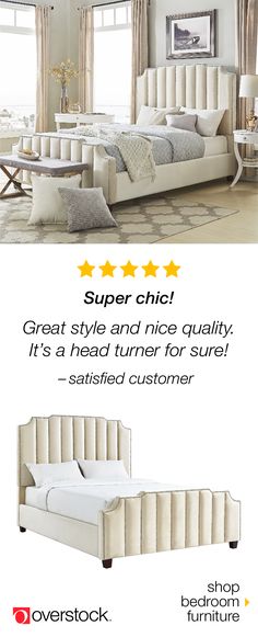 a bed with four stars on it and the text super chic great style and nice quality