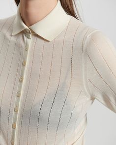 Long sleeve polo neck sweater in cashmere with mother of pearl buttons, a sheer openwork stripe stitch pattern, ribbed cuffs, and a narrow ribbed hem. Knitwear Fashion Design, Polo Neck Sweater, Knit Wear, Knit Stitches, Spring Knits, Spring 2025, Knitwear Fashion, Boatneck Sweater, Knit Sleeve