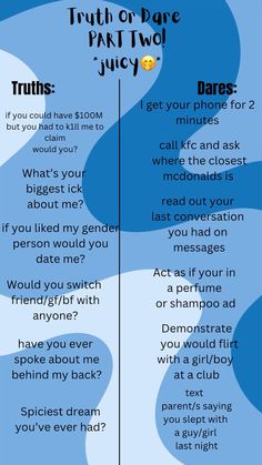 a blue and white poster with the words truth or dare next to it, which is written