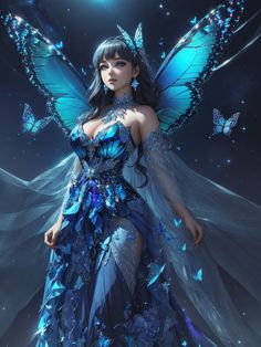 a woman dressed in blue is standing with butterflies on her back and wings flying above her