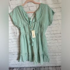 Nwt In Loom Eyelet Lace Trim Mini Dress Casual Boho Short Sleeve Dress For Brunch, Casual Boho Dress With Short Sleeves For Brunch, Casual Boho Beach Dress With Ruffle Hem, Casual Boho Dress With Ruffle Hem For Vacation, Casual Boho Dress With Ruffle Hem For Beach, Casual Cotton Boho Dress For Brunch, Casual Boho Dress With Ruffle Hem For Spring, Casual Green Mini Boho Dress, Plus Size Spring Dresses