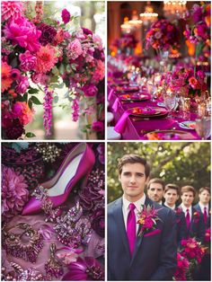 a collage of photos with purple flowers and men in suits at the dinner table