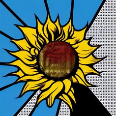 a sunflower is shown on a blue and white background