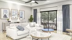 a living room filled with furniture and a ceiling fan