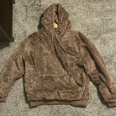 Mens Brand New Faux Fur Hoodie- Brown- Medium Warm Brown Winter Hoodie, Brown Y2k Hoodie, Fluffy Hoodie, Fuzzy Brown Jacket, Luxury Brown Fluffy Outerwear, Brown Hooded Faux Fur Outerwear, Faux Fur Hoodie, Fur Hoodie, Mens Jackets