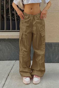 Color: Khaki, Size: M Style Salopette, Pocket Design Fashion, Celana Kargo, Y2k Cargo Pants, Loose Overalls, Celana Fashion, Junior Pants, Overalls Fashion, Casual Cargo Pants