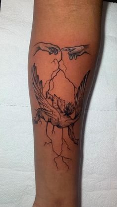 a tattoo on the leg of a person with two hands touching each other