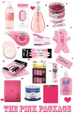 the pink package is full of items for valentine's day, including toiletries and hand sanitizers