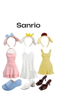 four different types of dresses and shoes with the words sanrio