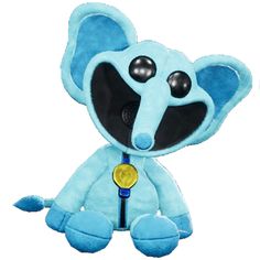 a blue stuffed animal with black eyes and ears sitting next to another stuffed animal that has a gold medal on it's neck