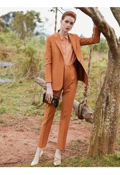 Caramel Tailored Elegant Pant Suit Sets Peak lapel; single-button front. Basted sleeves. Chest welt pocket. Flap pocket detail. Fitted. Straight hem. Polyester 100% Lining, Imported Ankle length pant Semi-formal Pantsuit For Fall, Semi-formal Fall Pantsuit, Fall Semi-formal Pantsuit With Trousers, Orange Notch Lapel Suit For Work, Fitted Orange Pants For Office, Spring Workwear Pants With Single Button, Brown Ankle-length Dress Pants With Welt Pockets, Semi-formal Straight Pantsuit For Fall, Fall Semi-formal Suits With Straight Pants