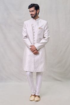 Gray sherwani with all over geometric, sequin embroidery. Paired with off white aligadhi pant. - Aza Fashions Designer Ceremonial Kurta With Mirror Work, Designer Kurta With Mirror Work For Festive Occasions, Designer Straight Kurta With Mirror Work, Designer Kurta With Mirror Work For Eid, Designer Eid Kurta With Mirror Work, Designer Festive Churidar With Resham Embroidery, Designer Bandhgala Straight Kurta For Diwali, Designer Straight Kurta For Reception, Fitted Sherwani With Mirror Work