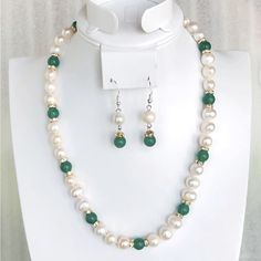 Gorgeous 9-10 Real White Freshwater Pearls And 8mm Green Jade Beads Matching Necklace & Dangle Earrings Set. Rhinestone Spacers Next To The Jade Beads. Necklace Measures 18” Inches. Earrings Are Stamped 925 Sterling Silver. New Condition And Comes In A Gift Box. Bundle & Save: Bundle 2 Or More Items For A Private Discount Next Day Shipping On All Orders 5 Star Rated Poshmark Ambassador White Pearl Jewelry With Gemstone Beads, Elegant Green Jewelry With 8mm Beads, Elegant Green 8mm Beads Jewelry, Classic Green Pearl Drop Jewelry, Green Pearl Drop Jewelry With Round Beads, White 8mm Beads Jewelry For Anniversary, Christmas Party Jewelry, Green Jade Necklace, Jade Bead Necklace