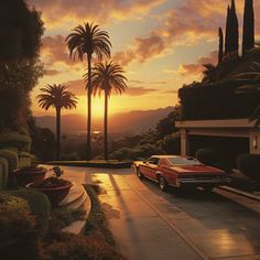 a car parked on the side of a road near palm trees and bushes at sunset