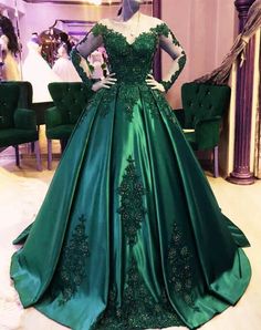 Green Long Sleeve Dress For Wedding, Dark Green Ball Gown, Emerald Wedding Dresses, Long Sleeve Quinceanera Dresses, Green Quinceanera Dresses, Green Ball Gown, Green Wedding Dresses, Junior Prom Dresses, Gown Plus Size