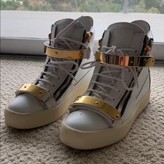 Chrome White And Gold Plated Sneakers. One Scuff On The Left Shoe. Luxury White High-top Sneakers With Laces, Luxury White High-top Sneakers With Leather Sole, Designer White High-top Sneakers With Leather Sole, Designer Gold High-top Sneakers, Gold Leather High-top Sneakers With Round Toe, Designer White High-top Sneakers With Round Toe, Zanotti Sneakers, Giuseppe Zanotti Sneakers, Chrome White