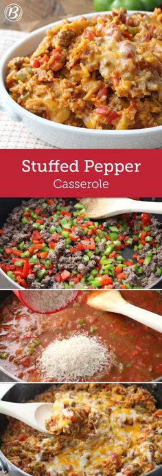 stuffed pepper casserole is shown in three different pans