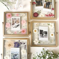 three frames with flowers and pictures on them