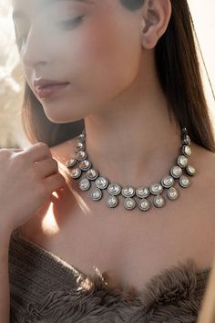 Rhodium plated refined Victorian necklace with shimmering polki stones and embellished with cubic zirconia embellishments. - Aza Fashions Victorian Necklace, Jewellery Necklaces, Aza Fashion, Rhodium Plated, Silver Plate, Silver Plated, Cubic Zirconia, Embellishments, Plating