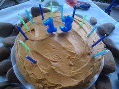 a birthday cake with candles on it sitting on a table surrounded by rocks and stones