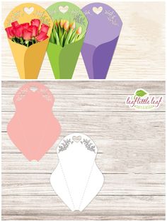 three paper tags with flowers in them