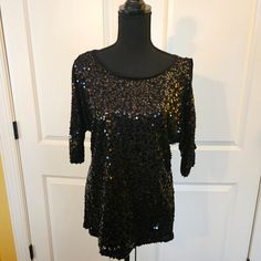 Fun And Sparkly Black Elbow Length Sleeve Top! Soft Stretch Fabric With Glitter Front And Plain Back. Comfortable With Cut Out Cold Shoulder Detail! Never Worn - New Condition! Nwot Black Party Top With Contrast Sequin, Black Party Tops With Contrast Sequin, Black Stretch Top With Glitter, Black Glitter Stretch Top, Black Top With Contrast Sequin For Night Out, Black Sparkling Tops For Night Out, Sparkling Black Tops For Night Out, Sparkling Black Top For Night Out, Black Glitter Tops For Party Season