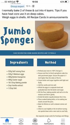 the recipe for jumbo sponges is shown in this screenshote screen shot