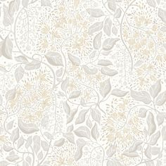 a white and beige floral wallpaper with leaves