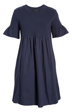 Airy sleeves, contrast paneling and hidden pockets bring extra effortlessness to a cheery pull-on dress. Style Name:English Factory Solid Minidress. Style Number: 6056415. Cotton A-line Dress With Side Pockets, Navy Cotton Casual Dress, Navy Cotton A-line Dress, Navy A-line Cotton Dress, Navy Cotton Dress For Work, Cotton Dress With French Seams For Work, Fall Cotton Dresses With Side Pockets, A-line Cotton Dress With Side Pockets, Blue Cotton Dress With Side Pockets