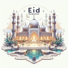 the eid mubarak logo is surrounded by water and buildings with lights on them