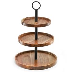 three tiered wooden tray with black metal ring on each side and round wood plate on the bottom