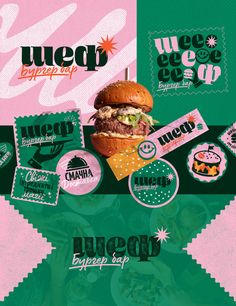 an advertisement for a burger restaurant with various stickers on the front and back of it