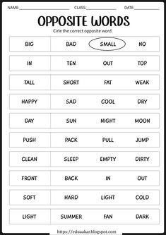 opposite and opposite words worksheet for students to use in their classroom or home