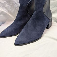 Journey Collection Consuello Navy Leather And Suede Ankle Boots, 2" Square Zipper Heel. Hard To Find, Super Cute And Comfortable Too! Blue Ankle Boots For Work, Blue Almond Toe Boots, Blue Round Toe Workwear Boots, Blue Workwear Boots With Round Toe, Blue Pointed Toe Boots With Reinforced Heel, Blue Pointed Toe Heeled Boots For Formal Occasions, Chic Blue Ankle-high Heeled Boots, Casual Blue Pointed Toe Heeled Boots, Blue Leather Boots For Fall