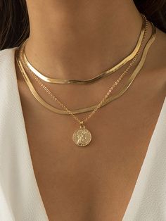 Layered Snake Chain Solid Color Necklaces Accessories SILVER-One_size Layered Gold Necklaces, Wedding Rose, Layered Choker Necklace, Gift Bracelet, Coin Pendant Necklace, Choker Necklace Set, Chain Fashion, Antique Pink, Jewelry Lookbook