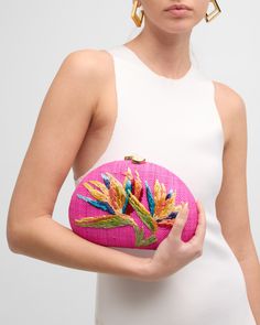 Rafe "Berna" clutch bag in floral straw     Detachable chain shoulder strap    Can be worn as a shoulder or clutch bag     Structured top with embellished kisslock closure     Interior, one slip pocket     Approx. 6"H x 9"W x 2"D    Item Weight (Lbs.): 0.9    Imported Chic Embroidered Summer Clutch, Luxury Woven Clutch, Summer Multicolor Embroidered Clutch, Eco-friendly Woven Straw Clutch Bag, Eco-friendly Handwoven Palm Leaf Straw Bag, Straw Clutch, Everyday Tote, Small Accessories, Accessories Branding