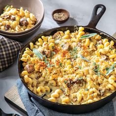 a skillet filled with macaroni and cheese