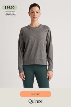 When comfort and performance is the priority, grab this Flowknit Pullover Crew. Perfect for staying cozy to and from your favorite workout class, this pullover offers quick-drying and moisture-wicking properties, helping to keep you dry even when you're most active. Its fabric also helps keeps you feeling fresh, while the 4-way stretch gives extra flex.  | Quince | Women's Flowknit Pullover Crew Neck Alpaca Sweater in Heather Grey, Size XS, Recycled Polyester / Spandex Heather Brown, Alpaca Sweater, Heather Green, Beyond Yoga, Active Wear Tops, Quince, Active Wear For Women, Black And Navy, Blue Stripes