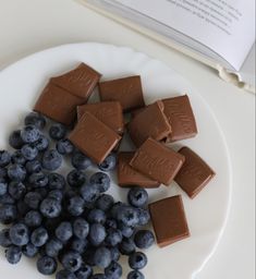 chocolate and blueberries are on a plate next to an open book