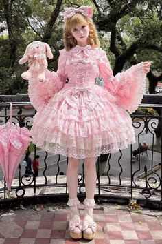 Fabric: Polyester Color: Pink Feature: Multi-Layered, Ruffle, Bowknot, Lace Style: Sweet Include: Dress*1 (Any of the accessory is not included.) Size (IN) Bus Aesthetic Pink Dress, Pastel Clothing, Magical Clothes, Dream Fashion, Lolita Outfits, Fashion Things, Kawaii Style, Girly Dresses, Vintage Gowns