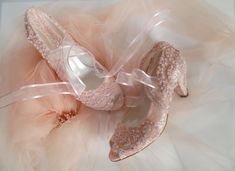 "Blush embellished lace wedding shoes for bride, with pearls and ribbons. Stay comfortable in these low heel shoes and feel like a princess on your wedding day! Perfect wedding gift and also beautiful heels for your bridesmaids... Blush lace bridal shoes are designed with embroidered lace appliques. Glass beads, shiny sequins and small pearls are used on the embroidery. Organza ribbons tie on the front. Custom details can be added on this design, soles can be personalized with your names and wed Blush Bridal Shoes, Embroidery Organza, Lace Wedding Shoes, Lace Bridal Shoes, Wedding Shoes For Bride, Shoes For Bride, Wedding Shoes Lace, Blush Bridal, Beautiful Heels