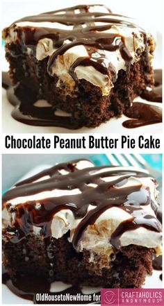 two pictures of chocolate peanut butter pie cake