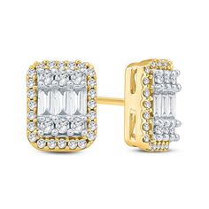 Raise the dazzle factor of your look with these diamond stud earrings. Crafted in warm 10K gold, each elongated cushion-shaped composite earring is cleverly filled with round and baguette-cut diamonds. Captivating with 1/2 ct. t.w. of diamonds and a bright polished shine, these sparkling post earrings secure comfortably with friction backs. Gold Earrings Zales, Mens Gold Jewelry, Gold Ring Designs, Diamond Stud Earrings, Rose Gold Metal, Sterling Silver Mens, Diamond Stud, White Earrings, Mens Wedding Rings