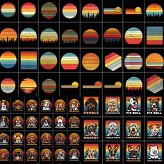 an old poster with dogs and sunsets in different colors, sizes, and shapes