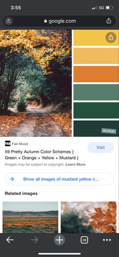 an iphone screen showing the color scheme for autumn and fall foliages, including trees with yellow leaves