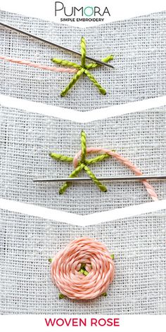 three different types of knitting needles with yarn and thread in the shape of flowers on them