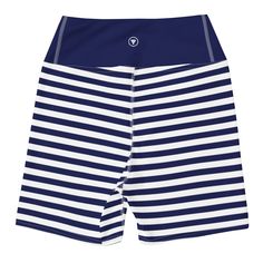 Berry Jane Women's Mid-thigh Swim Shorts. These cute, timeless nautical stripe swim shorts are a perfect coverup for SUP paddle boarding, swimming, or lounging. These shorts offer UPF 30+ Sun protection with a high-waisted, mid-thigh length. The slimming effect keeps you looking great while enjoying the salt air and sunshine! Details: High waist (sits at the natural waist) Wide waistband Inseam length 4 3/4" (Size S) For more fit and sizing info, check out our size chart Features: 82% polyester, White Summer Shorts For Water Sports, White Surfing Shorts, White Swimming Bottoms With Upf 50+, Navy Athleisure Shorts For Summer, Sporty White Shorts For Water Sports, Striped Bottoms With Built-in Shorts For Poolside, Navy Shorts For Poolside, White Summer Surfing Bottoms, Sporty Striped Bottoms With Built-in Shorts