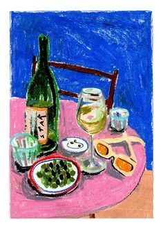 a painting of food and wine on a table